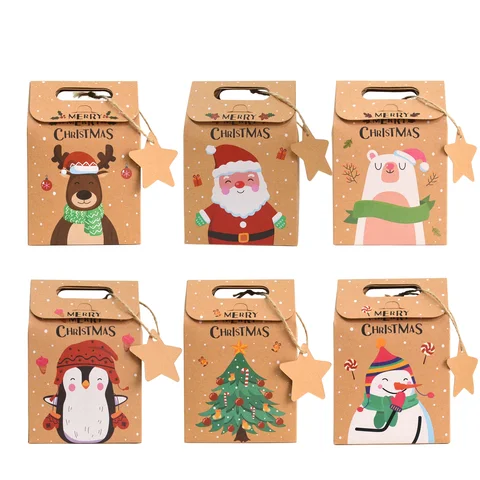 6pcs Merry Christmas Candy Gift Box with Tag Kraft Paper Cookies Gift Packing Bags 2024 Xmas Party Home Decoration New Year 2025