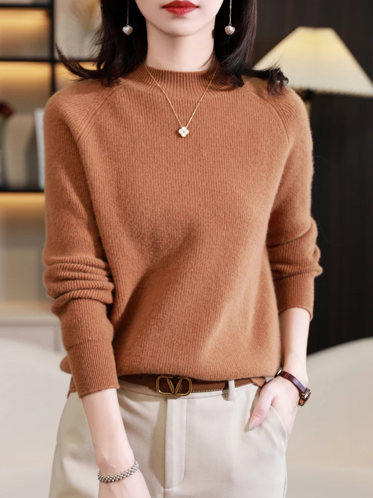 

2024 Autumn Winter Women 100% Merino Wool Sweater Solid Mock Collar Loose Pullover Knitwear Casual Basics Cashmere Clothing Tops