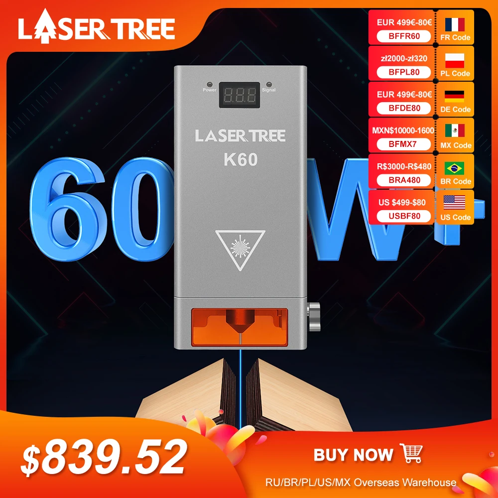 LASER TREE K60 60W Optical Power Laser Head Adjustable 20W/40W Power Module For CNC Laser Engraver Cutting Woodworking DIY Tools