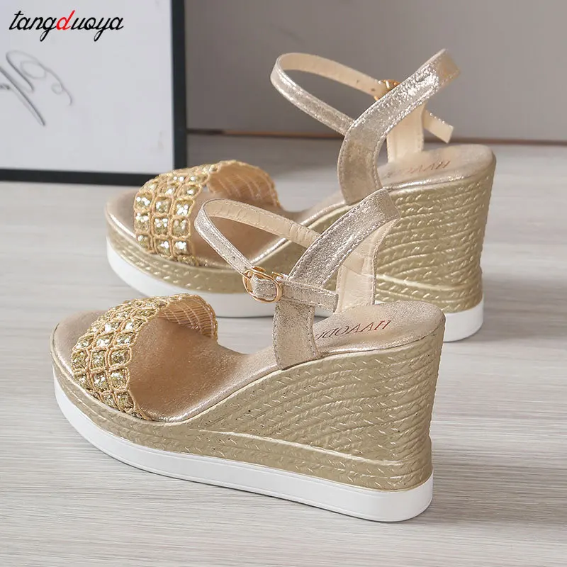 gold silver Wedges High Heels Sandals for Women Summer Buckle Strap Platform Sandalias Mujeres Thick Bottom Beach Shoes Woman