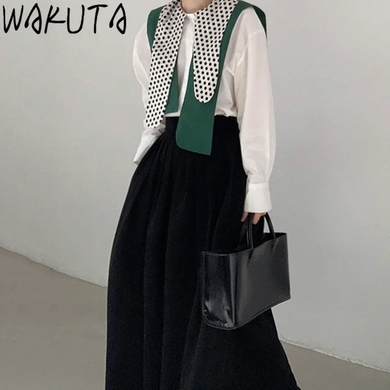 WAKUTA Irregular Dot Turn Down Neck Blouses Shirt Women Elegant Korean Design Long Sleeve Loose Tops Female Office Lady Camisas