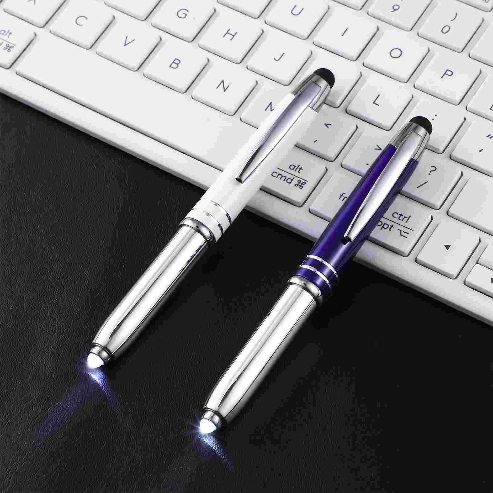 2 Pcs Telescopic Nurse Touch Screen Ballpoint Pen Metal Black Pens with Stylus Flashlight