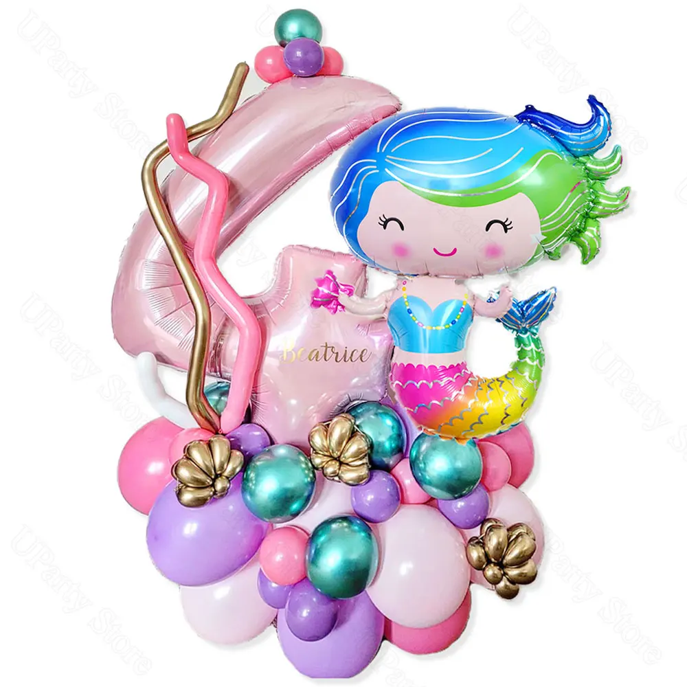 39Pcs Mermaid Number Balloons Kit Large Pink Number 0-9 Mermaid Foil Balloons Set for Birthday Baby Shower Party Kid Air Globos