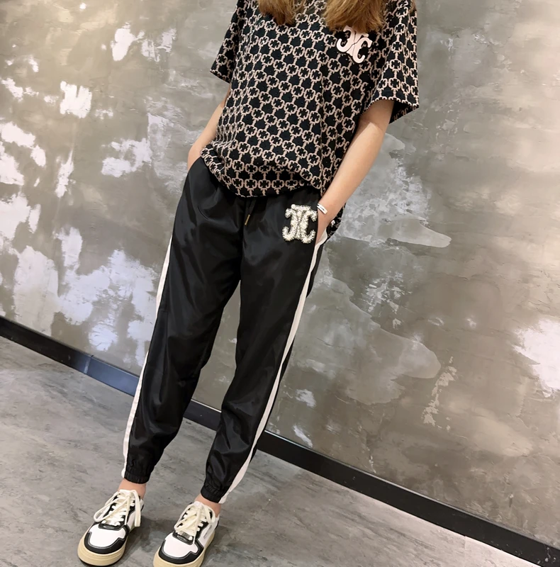 Luxury Trendy Brand Diamonds Beads Casual Super Thin Summer Trousers Men/woman Side Colorblock Elastic Waist Black Harem Pants