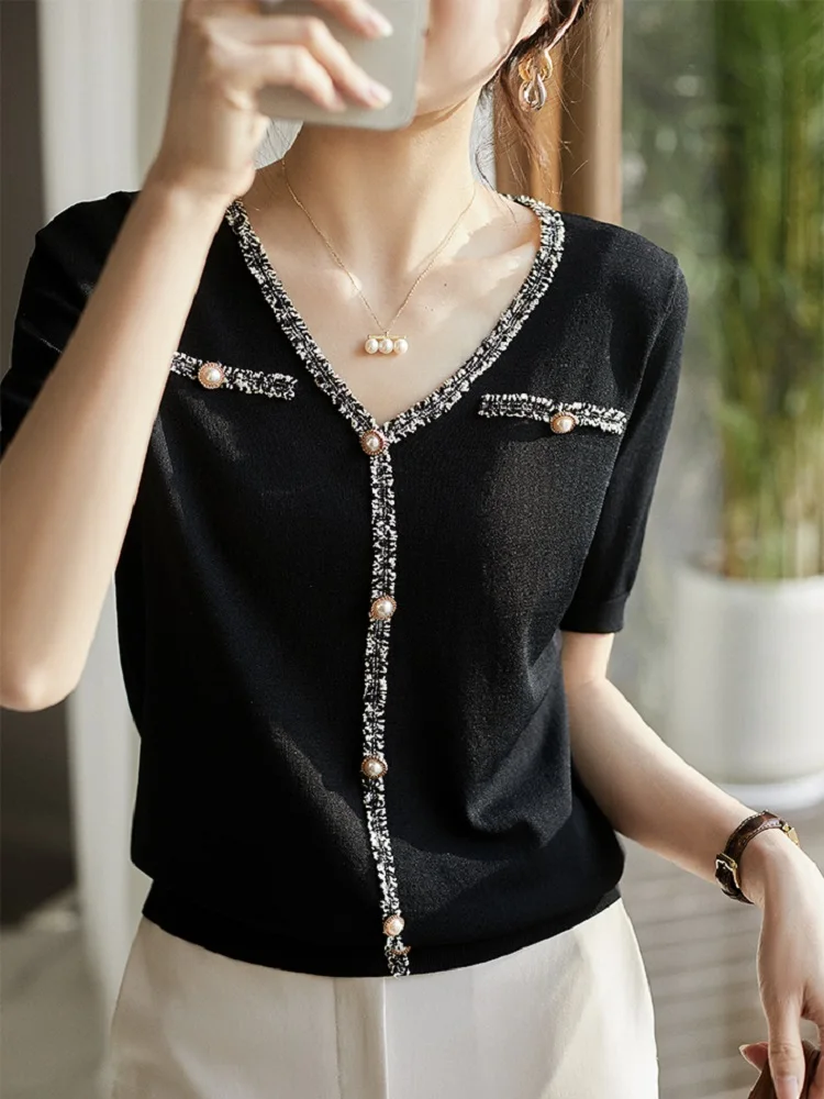 TuangBiang 2023 New Tweed Splicing Pearl Buckle V-Neck Women Pullovers Knitting Ladies T-Shirts Elastic Casual Cotton Wool Tops