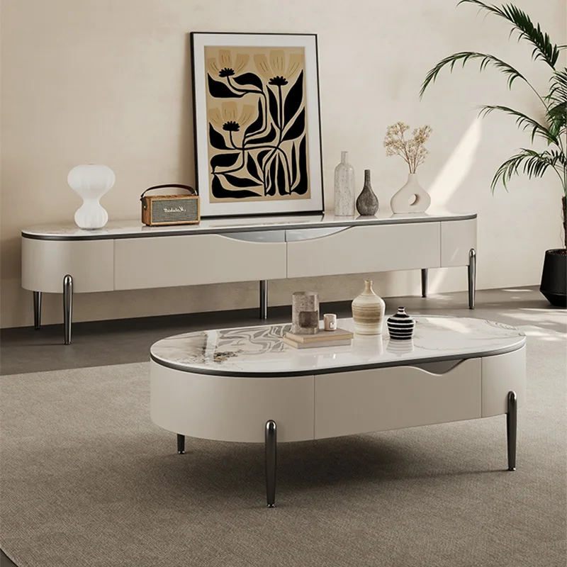 

Luxury Living Room Coffee Table TV Stand Set with Stainless Steel Legs Modern Center Tables with Double Drawers Elegant TV Stand