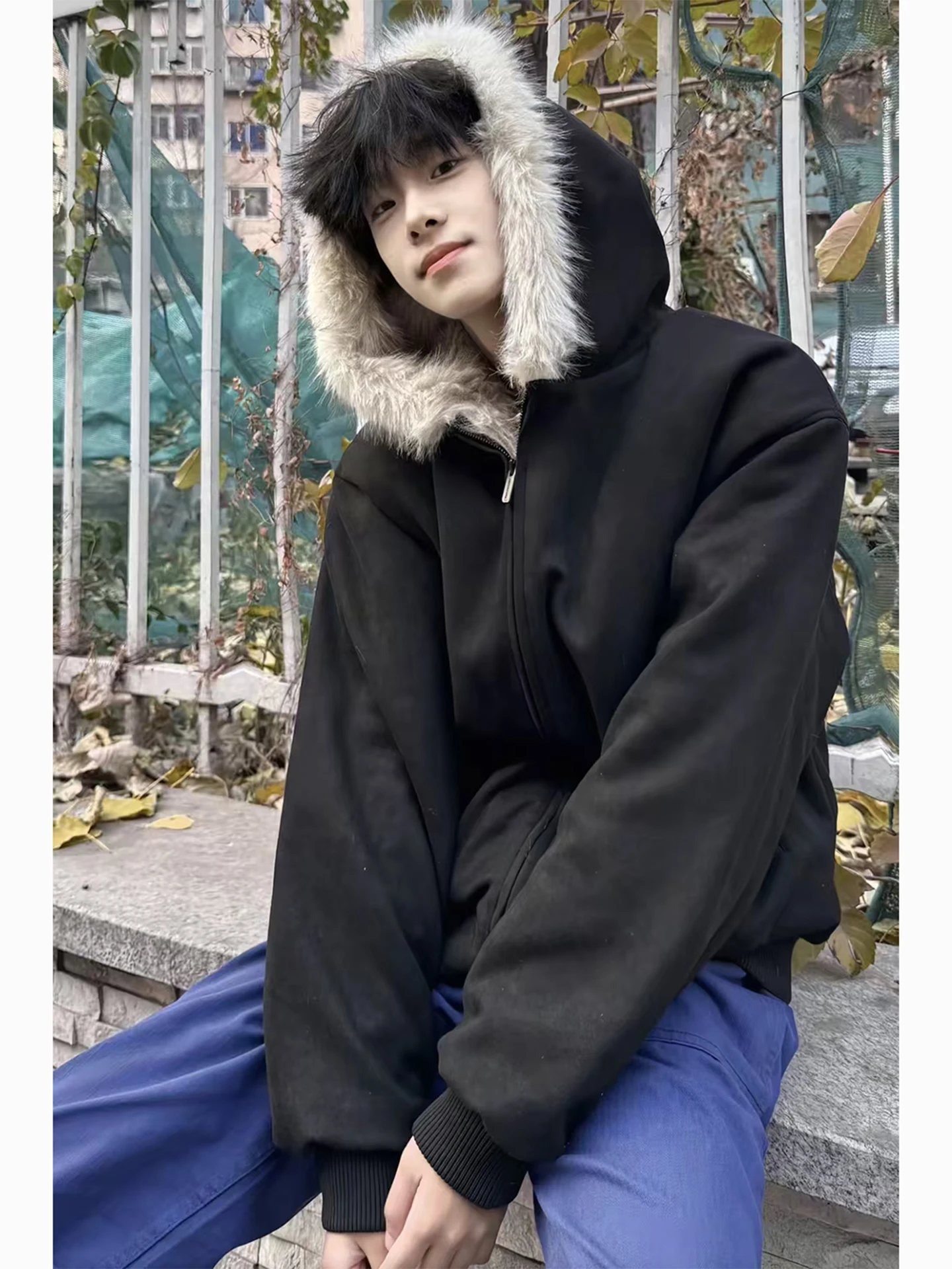 

Black Cotton Jacket Men's Winter Thickened Warmth Hooded Coat Cleanfit Design Casual Long Sleeve Zipper Closure Color