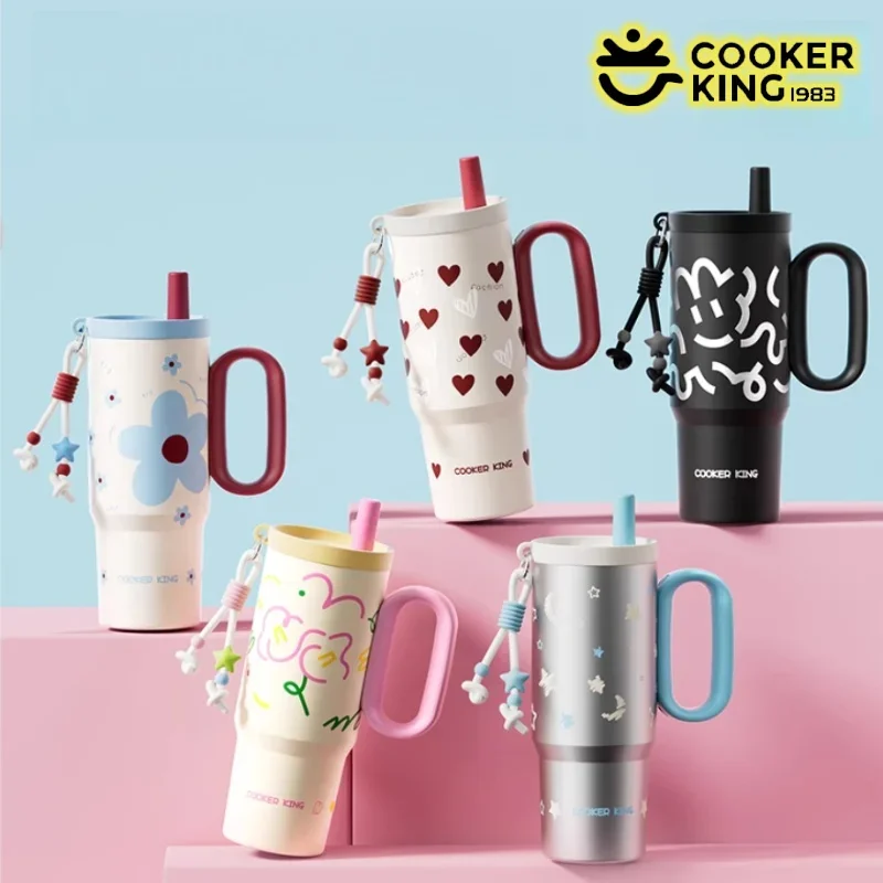 COOKER KING Stainless Steel Thermos Cup 720ML Insulated Water Bottle with Straw Leak-proof Car Vacuum Mug with Tea Strainer