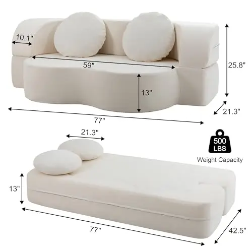 77” Convertible Sofa Bed, Folding Boneless Couch, Floor Sofa 2-in-1 Curved Couch for Small Living Room, Apartment