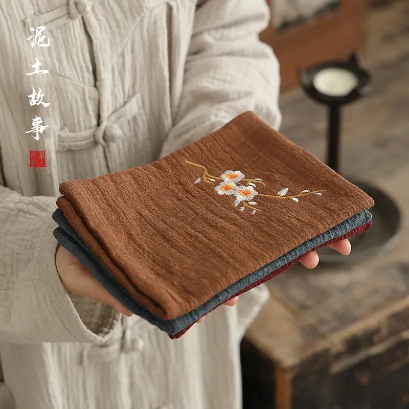 Cotton Linen Tea Towel, Embroidered Thickened Water Absorbent Tea Table Cloth, Japanese Style Kung Fu Tea Accessory
