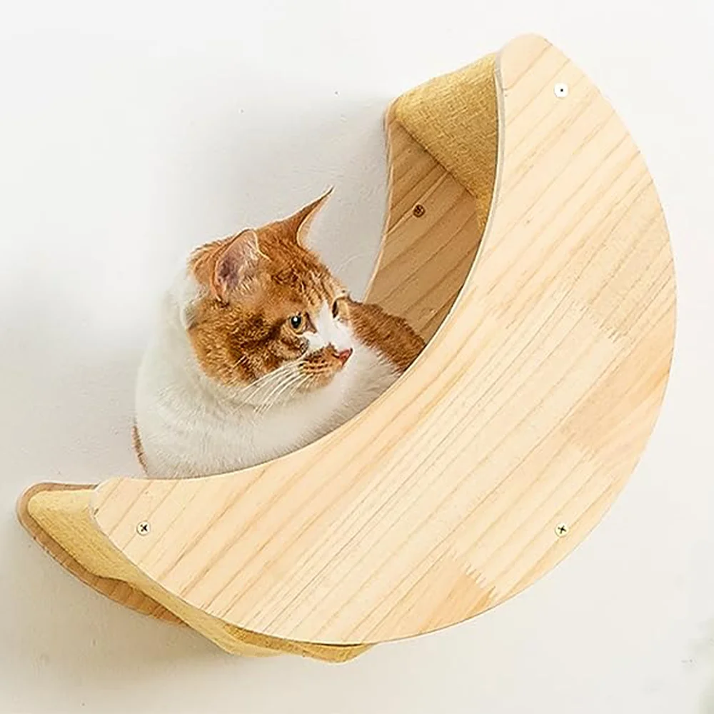 Wall Mounted Cat Hammock Moon Shaped Wooden Ladder Scratching Post Wall Pet Furniture for Cat Playing and Sleeping