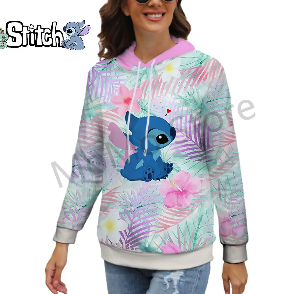 Disney Stitch Women's Hoodies Lovely Ladies Fashion Winter Kawaii Clothes Black Hoodie Autumn Versatile S-3XL 2024 Pullovers New