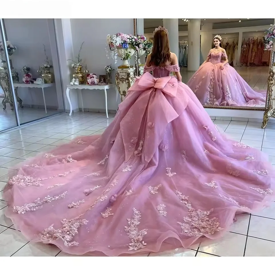 Pink Quinceanera Dresses Ball Gown Off The Shoulder Appliques Bow Sweet 16 Dresses 15 Años Customized