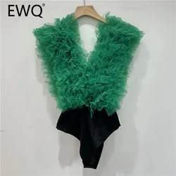 EWQ Summer Fashion Vest For Women Gauze Spliced Design V Neck Sleeveles Bandage Slim Tops Casual 2024 New Clothing 27C674