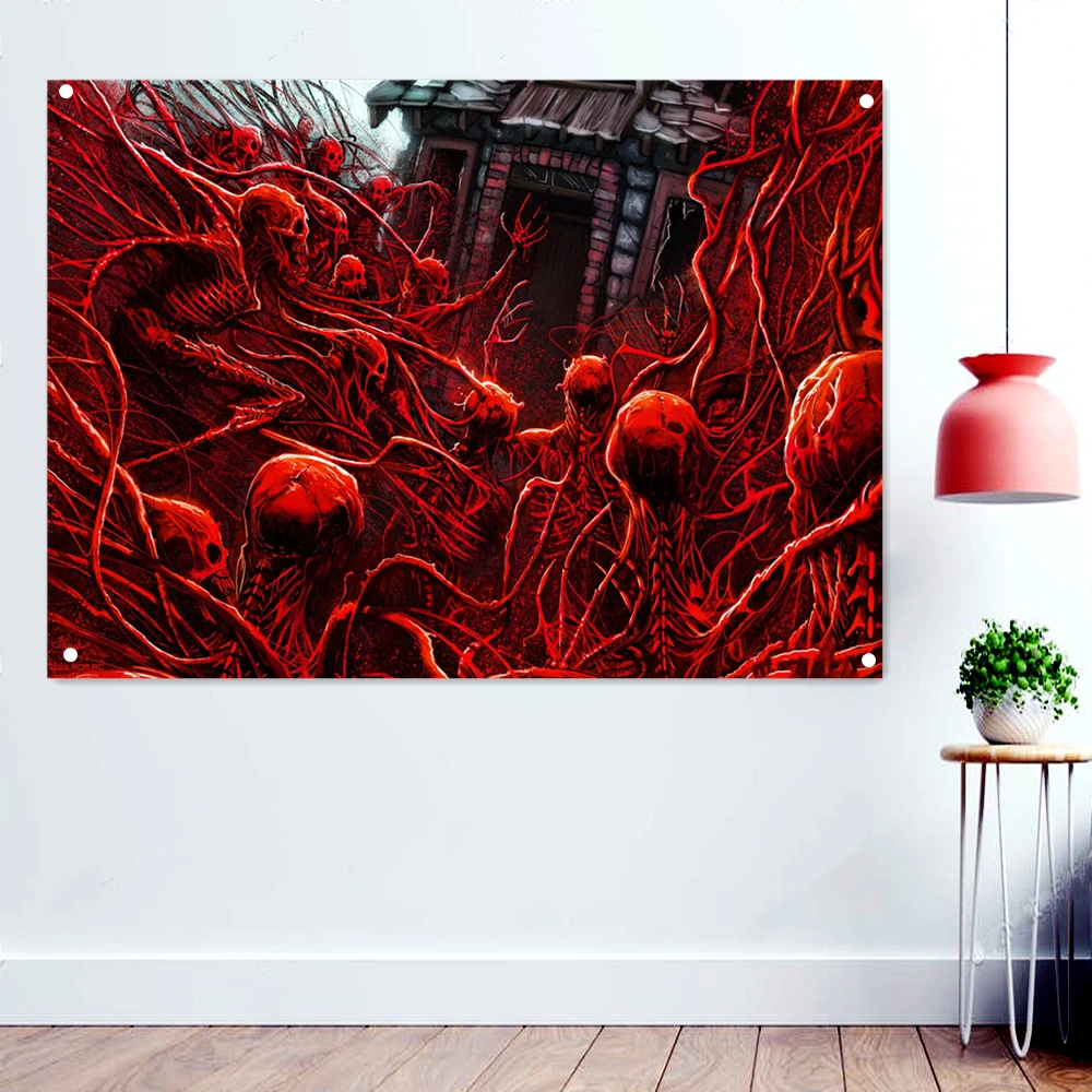 

Bloody Skeleton Wallpaper Devil Dark Rock Band Artworks Flags Canvas Printing Wall Hanging Heavy Metal Poster Tattoo Banners