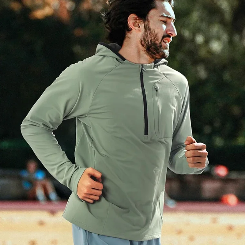 Men Running Long Sleeve Bodybuilding Half Zip Hoodie Quick Dry Sweatshirt Casual Hundred Outdoor Running Tops