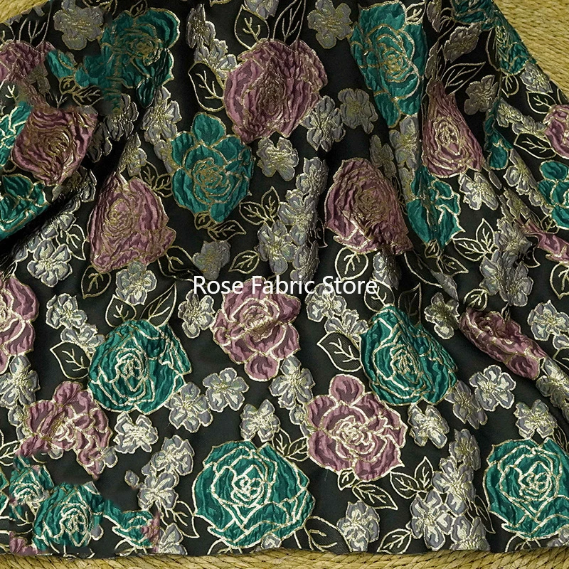 1 meter Golden Silk Relief Large Flower Jacquard Fabric Retro Women's Dress Fluffy Skirt Coat Decorative Sewing Fabric