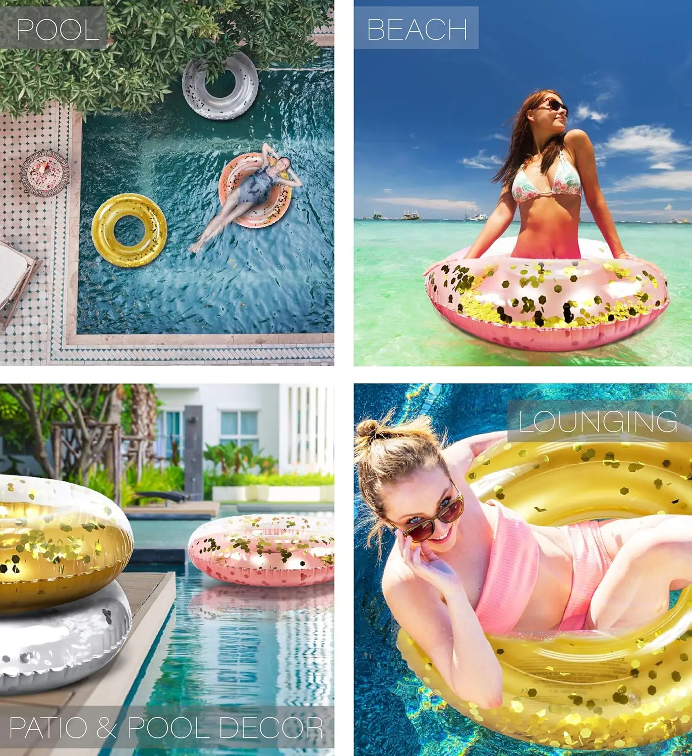 Flotteurs de piscine gonflables en or argenté et or Rose, ensemble de 3 anneaux de bain confettis amusants de qualité supérieure, jouets pour adultes et enfants, flotteur de piscine Wa