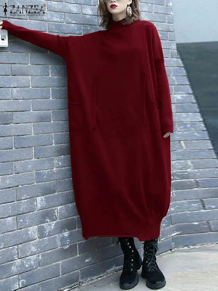 ZANZEA Autumn Knitted Dresses Women Casual Loose Long Robe Korean Fashion Oversize Long Sleeve Turtleneck Midi Dress Streetwear