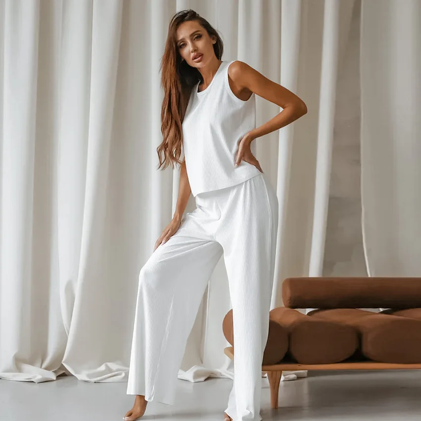 Pajama Sets Women Vest Pant Suit Sleepwear Nightwear Homewear Casual Sleeveless Waistcoat Elastic Loose Waist Pants Female