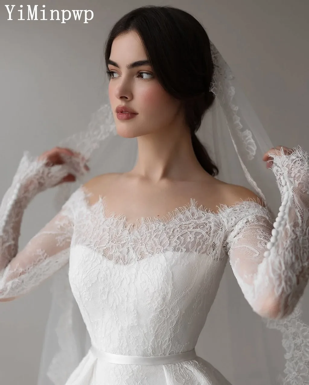 Kanten trouwjurken voor de bruid Schouderafhangend Lange mouw Sweep/Brush train A-lijn Tuin Zomer Bruidsjurken فسات Vara Alla Alla Salam Aix Özel