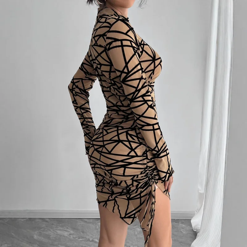 2025Autumn Winter New Women's Slim Side Drawstring Small Stand Collar Long Sleeve Irregular Short Dress