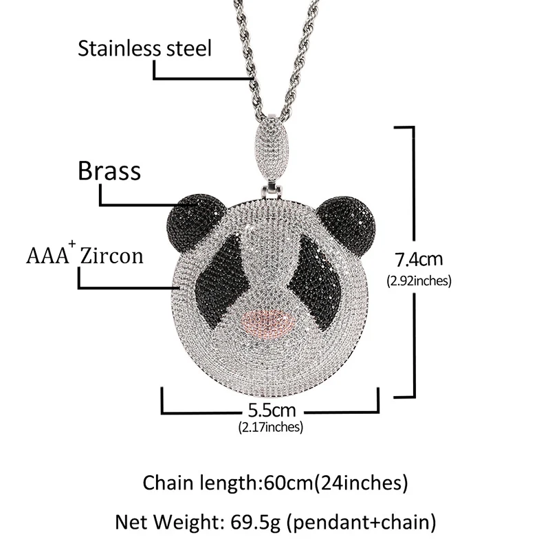 Hip Hop 3A+ CZ Stone Paved Bling Iced Out Big Pandas Animal Pendants Necklace for Men Rapper Jewelry Gift