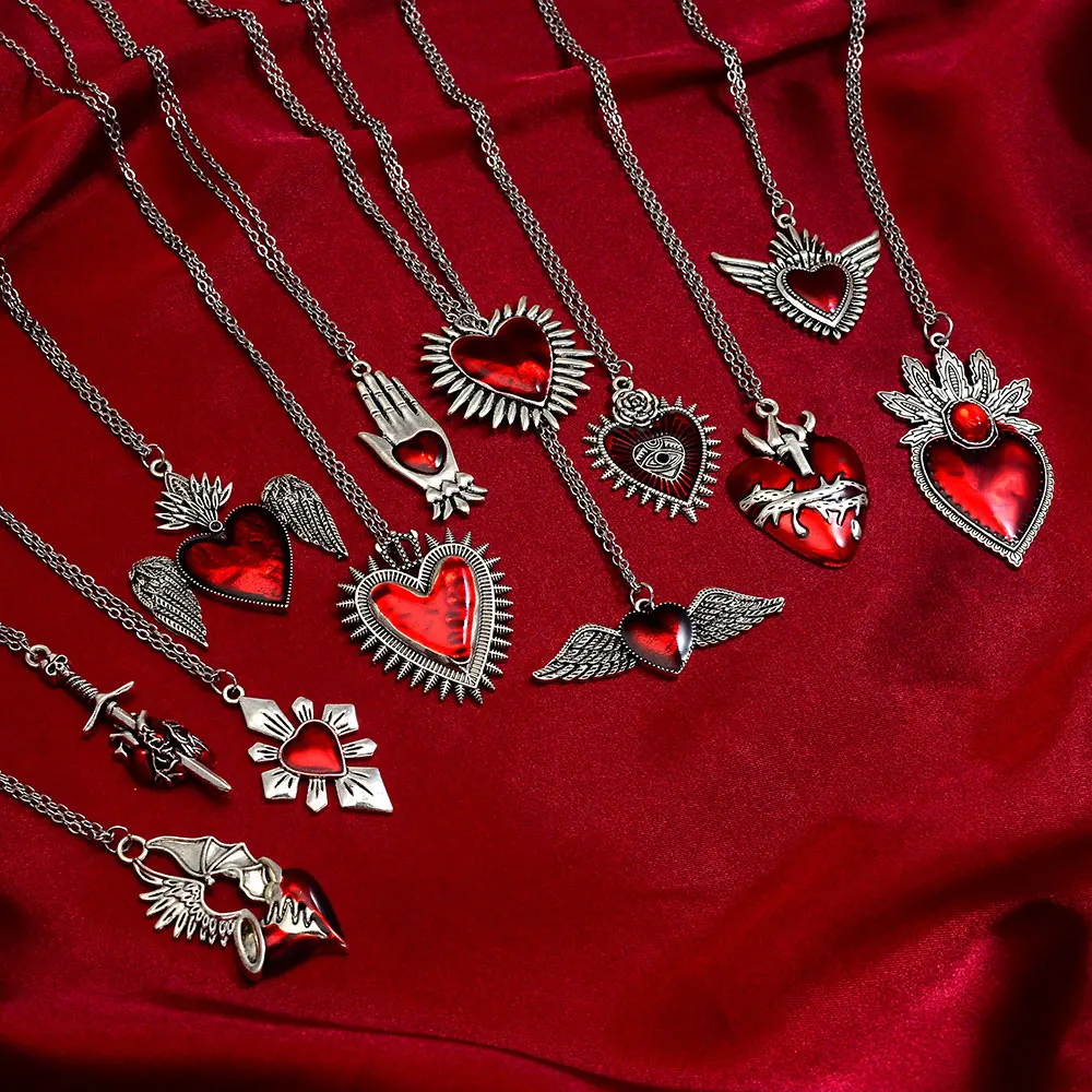 

Gothic Pendant Necklace Alloy Red Enamel Mexico Flame Sacred Heart Corazon Catholic Cross Punk Hand Sword Goth Skull Women Men