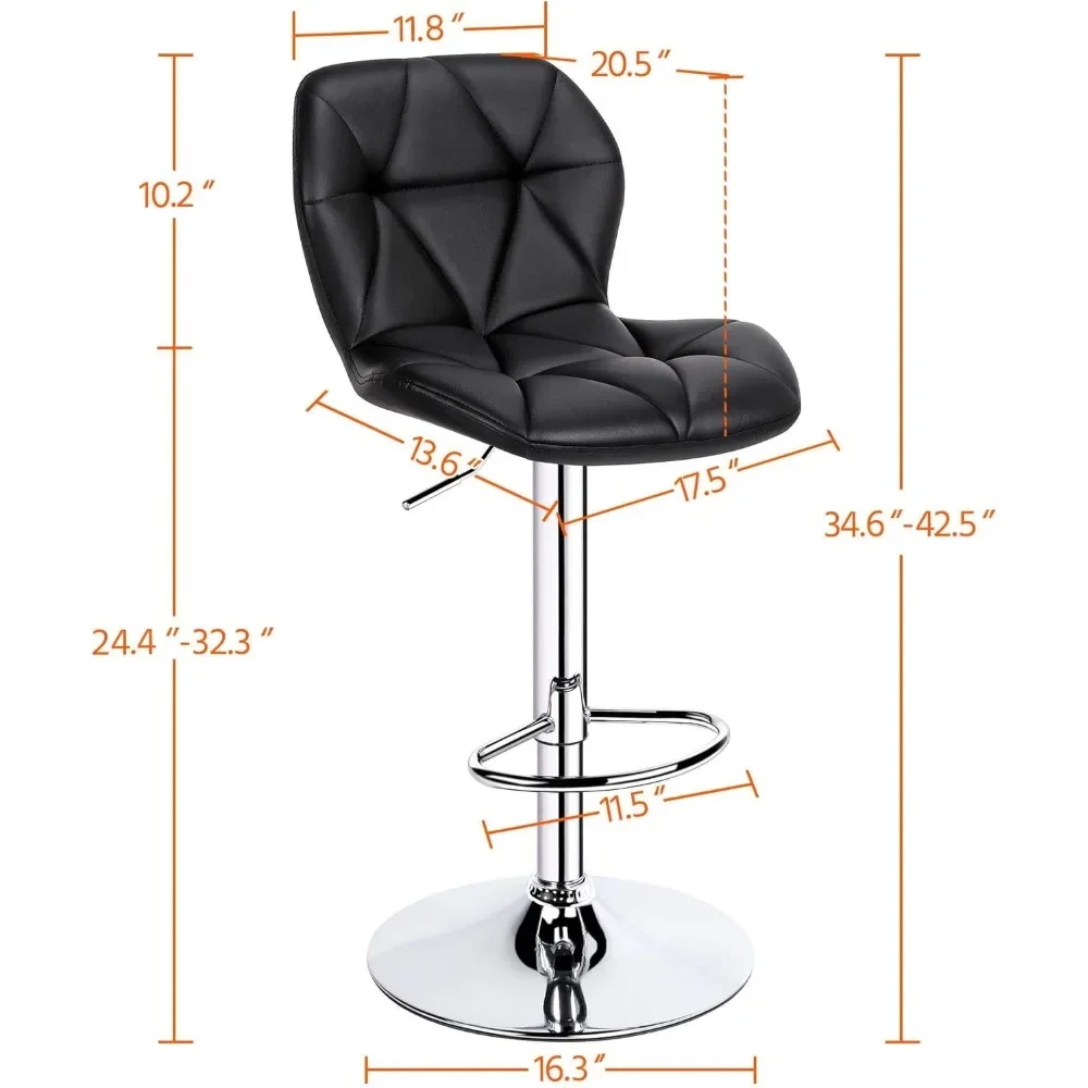 Modern PU Leather Bar Stools Set, Counter Stool, Cadeiras com Encosto, Altura Ajustável, Giratória Alta, Preto, 2