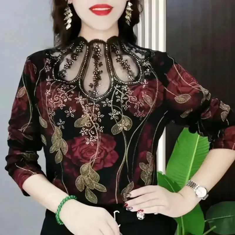 

Spring Autumn Gauze Lace Spliced Blouse Vintage Floral Printed Commute Women's Clothing Stand Collar Fashion Diamonds Slim Shirt