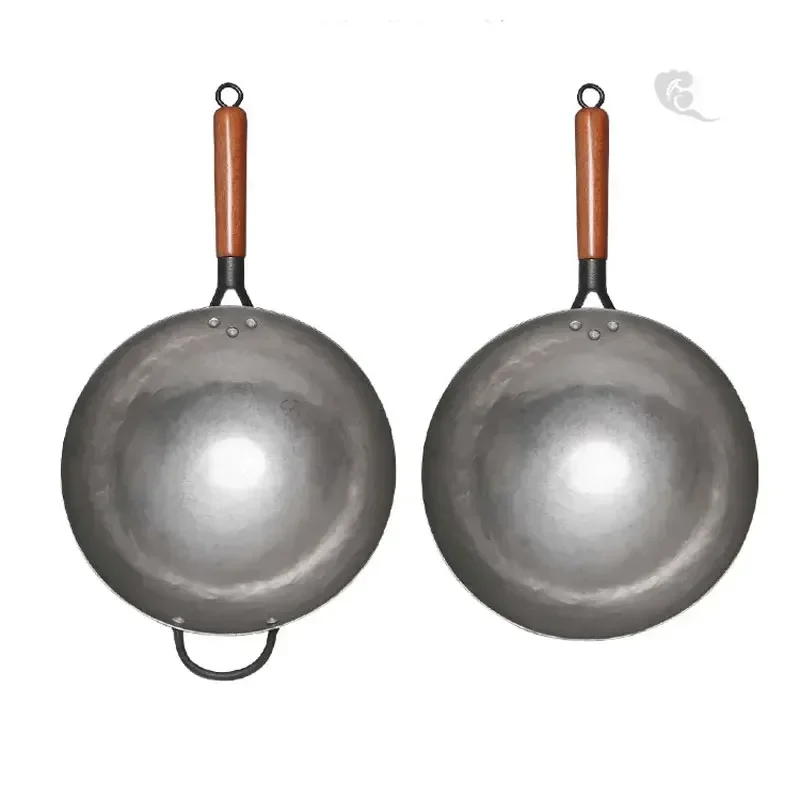 Wok Burner Traditional Authentic Hand Hammered Carbon Steel Round Bottom Stir Fry Pans Birch Handle Wok Pan