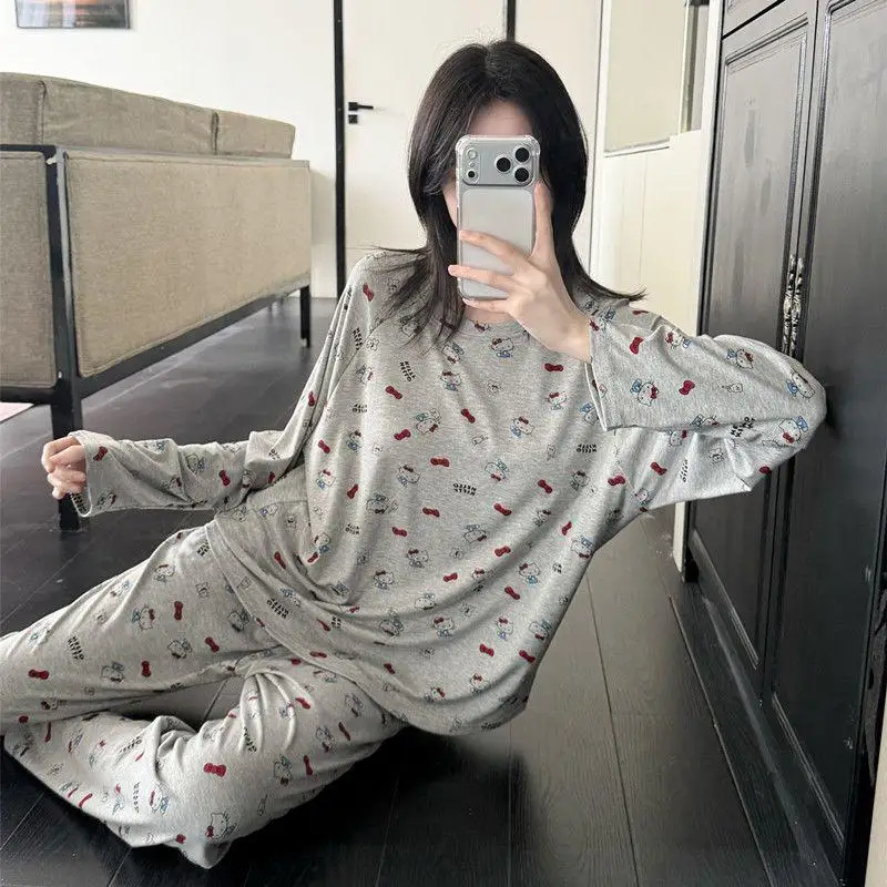 Hello Kittys Modal Sleepwear Women's Spring Autumn with Chest Mat Sweet Cartoon Cute Comfortable Round Neck Home Furnishing Set
