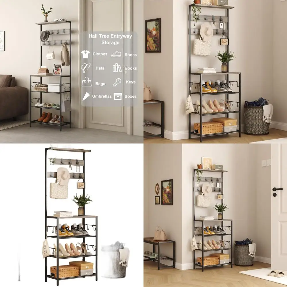 

5-Tier Shoe and Coat Rack with 9 Hooks, Freestanding Organizer for Entryway and Bedroom, Grey