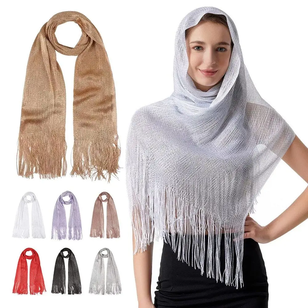 Syal Sutra Rumbai Renda Tabir Surya Penutup Leher Tipis Syal Mengkilap Keperakan Emas Jilbab Bib Mode untuk Musim Semi Musim Panas Musim Gugur