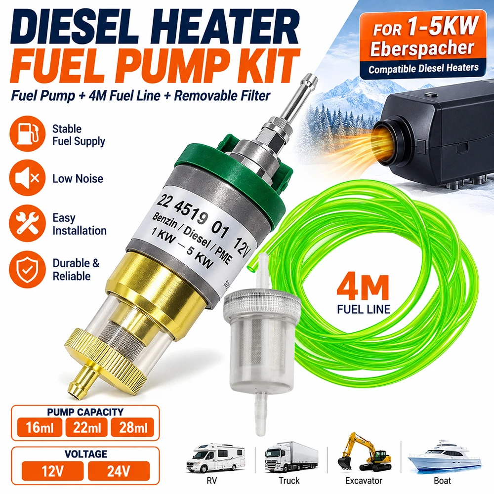 Ultra-Low Noise Fuel Pump 16/22/28ml 12V24V 1-5KW with 4M Fuel Line And Oil Filter for Eberspacher Universal Diesel Heater