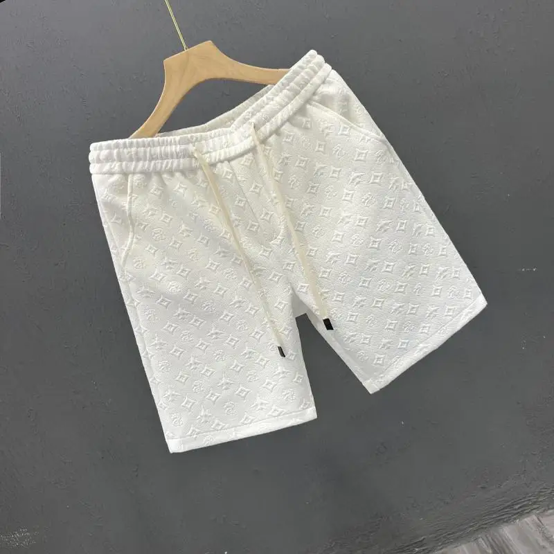 高級ジャカード織メンズビーチパンツショーツ、夏用薄手ストレートレッグパンツ、ゆったり五分丈カジュアルショーツ