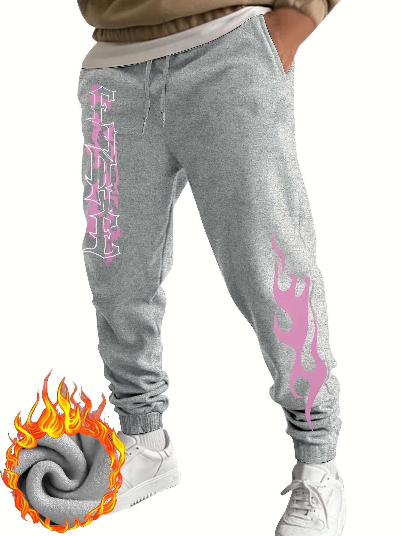 Retro‑goth flame‑ornament vertical‑text print trendy street‑style dual‑side print sweatpants men hip hop sports jogger trousers
