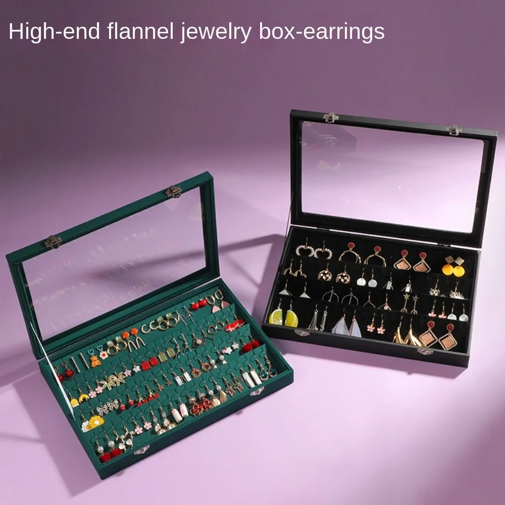 صندوق تخزين القرط المخملي المضاد للأكسدة ، غطاء شفاف ، شكل مربع ، لون خالص ، صندوق مجوهرات مخملي عالي السعة