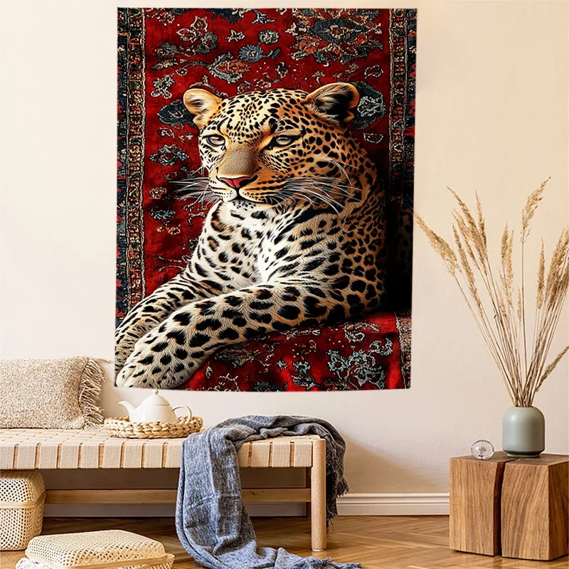 Luxury Leopard on Persian Rug Tapestry, Majestic Big Cat on Vintage Carpet Wall Hanging, Boho Room Decor suitable offices bars