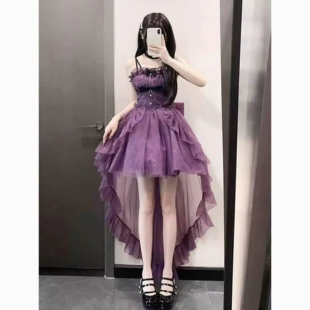 女性かわいいフリル弓サスペンダープリンセスドレスレトロゴシックロリータ Jsk ミニドレスガール甘い妖精パーティートレーリングドレス