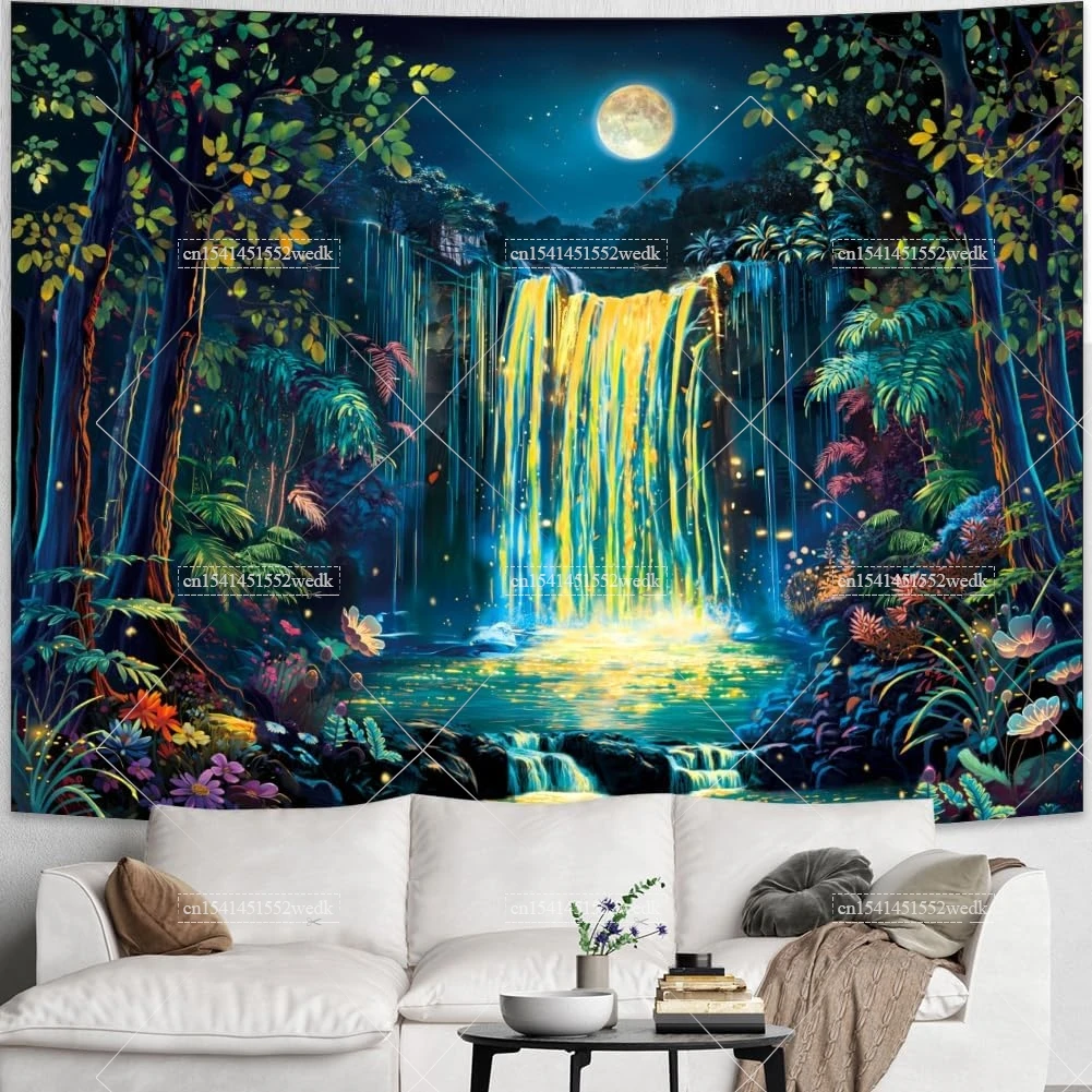 Fantasy Forest Blacklight Tapestry UV Reactive Neon Waterfall Black Light Tapestrys Glow In The Dark Wall Decor Party Backdrops