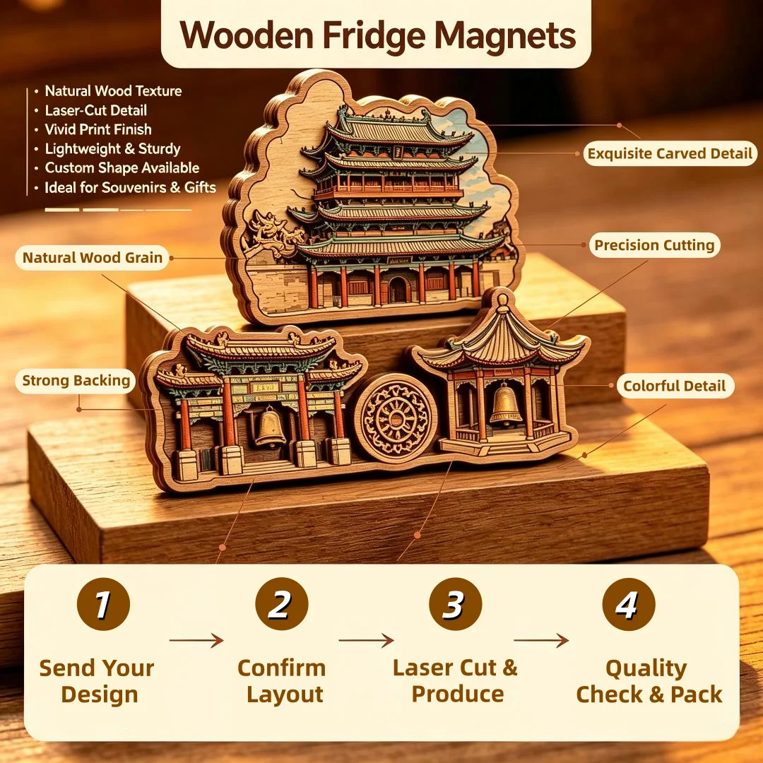 Handmade Bamboo Wood Souvenir Decorative Fridge Magnet Durable Refrigerator Ornament Unique Design Customized Colors & Logos