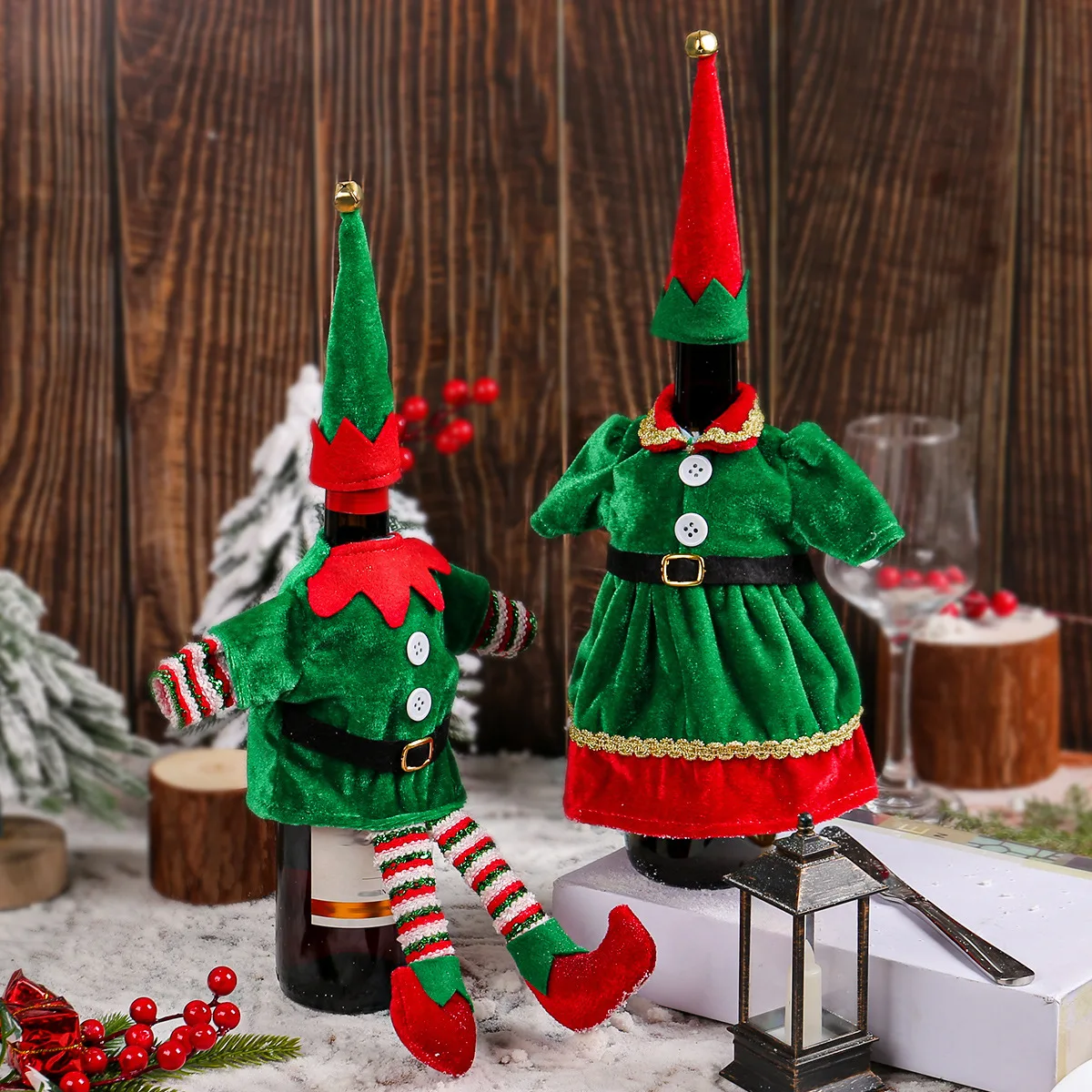 Christmas Decorations Red Wine Bottle Cover Champagne Bottle Set Christmas Elf Costume Wine Bottle Set Decorative Ornaments