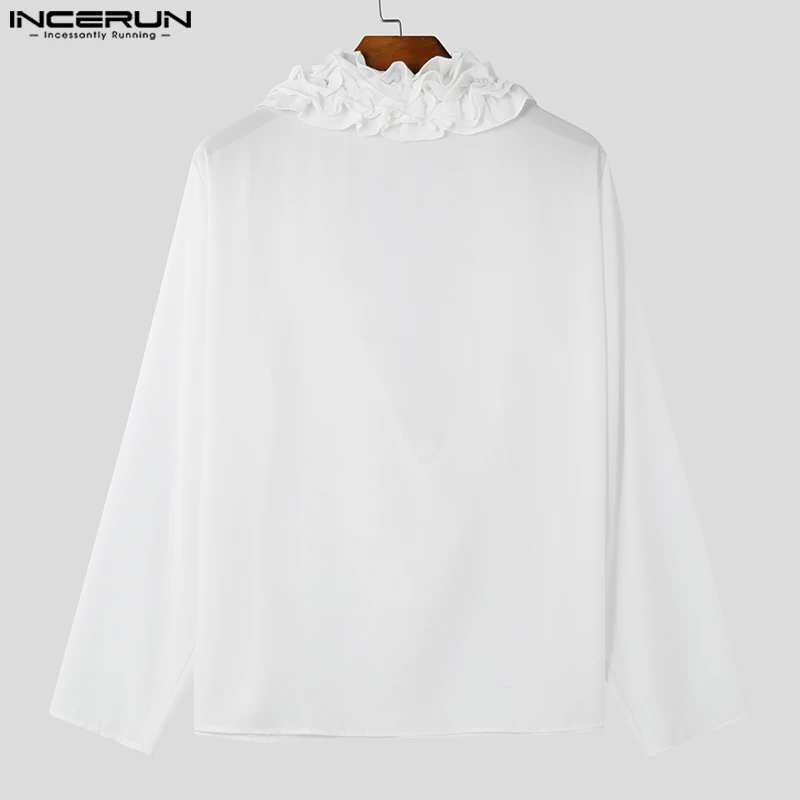 INCERUN New Men\'s Personality Tops 2024 Solid Color Ruffled Edge Shirt Handsome Male Hot Sale All-match Long Sleeved Blouse 2024