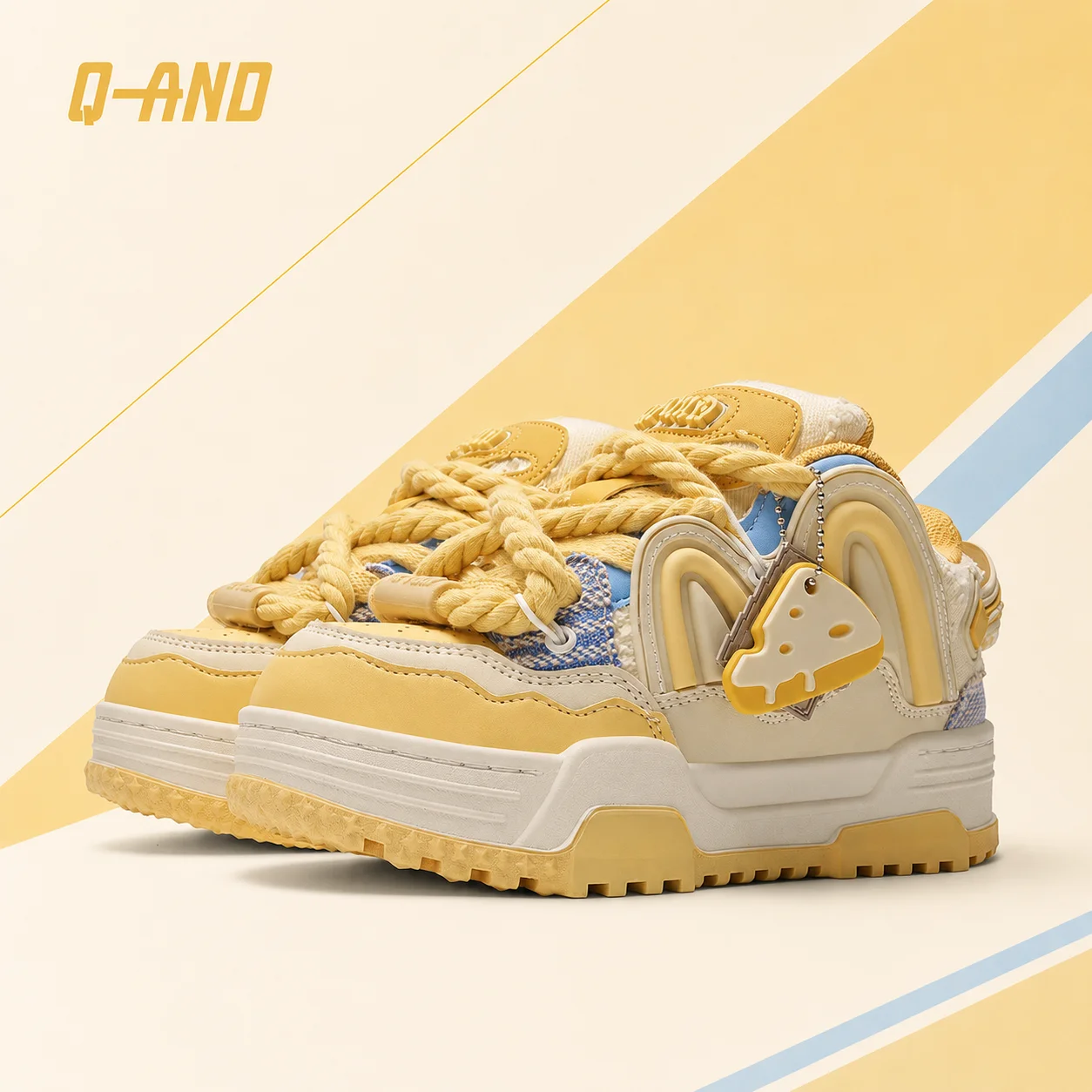 Q-AND Women Kawaii Cheese Yellow Chunky Platform Skate Sneakers with Cheese Pendant, Thick Height Increasing Sole Casual Walking Shoes, Wear Resistant Non Slip Rubber Outsole Cute Streetwear Footwear