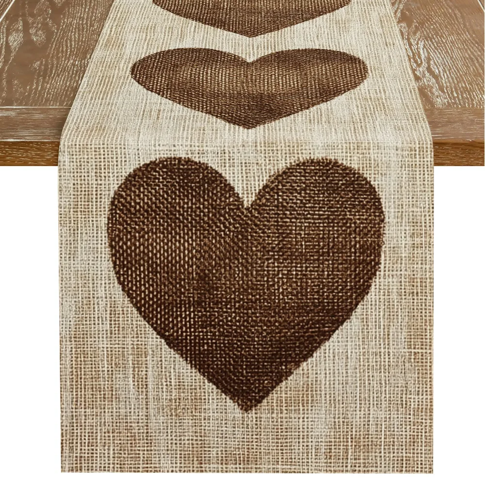 1 Piece of Rustic Brown Table Runner with Heart Pattern, Suitable for Farmhouse, Indoor, Kitchen, Celebrations, Table Decoration, Restaurant, and Banquet Decoration Supplies