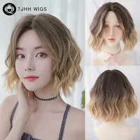 7JHH WIGS Synthetic Layered Wave Bob Wig for Women Daily High Density Middle Part Brown To Blonde Bob Wigs with Dark Roots