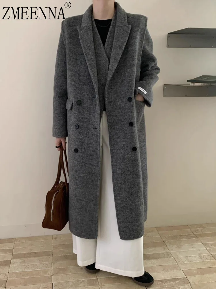 

ZMEENNA женское темно-серое шерстяное пальто большого размера, двубортное пальто с воротником с лацканами, длинная зимняя верхняя одежда ZM4236