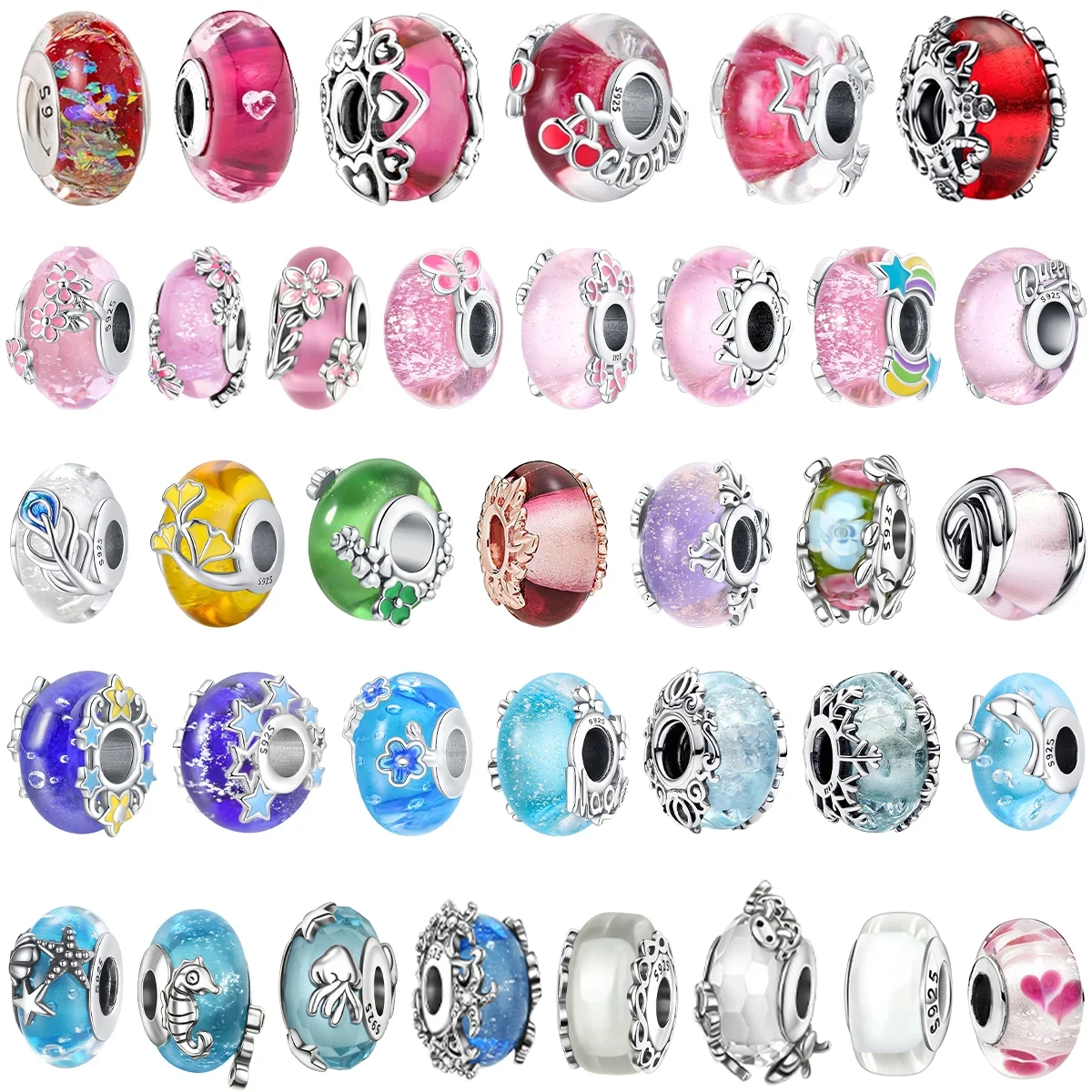 

Hot Sale 925 Sterling Silver Colorful Flower Murano Glass Charms Fit Original Bracelet Necklace Rainbow Murano Glass DIY Jewelry