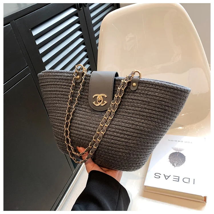 Vegetable basket straw woven bag women's 2026 new summer versatile woven chain shoulder bag large capacity tote bag image 3